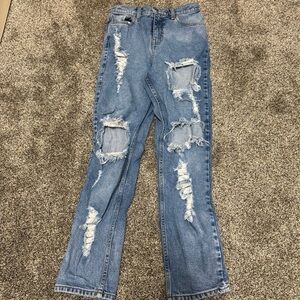 OOTDFash Blue Distressed Straight Leg Jeans